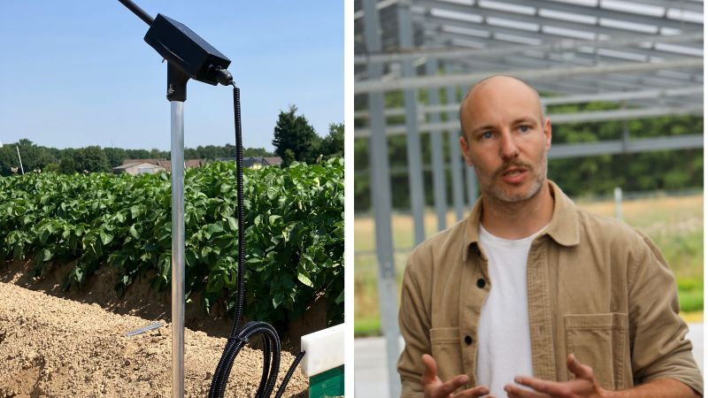 Links sieht man einen Sensor, der die Bodenfeuchte misst. Er steckt in der Erde und ist mit einem Kabel verbunden. Dahinter wächst ein Feld mit Pflanzen. Rechts ist Felix Nieberding, einer der Gründer des Jülicher Start-ups Drought Analytics zu sehen. Er erklärt etwas und gestikuliert mit den Händen.