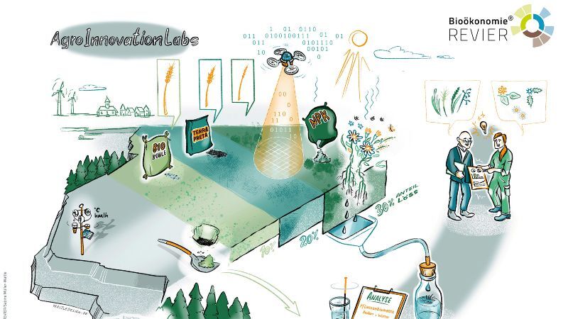 Die Grafik zeigt das Projekt „AgroInnovationLabs“ im BioökonomieREVIER. Sie veranschaulicht, wie innovative Landwirtschaft nachhaltige Pflanzenproduktion fördert – mit Bio-Kohle, Terra Preta, Nährstoffanalysen und digitalen Technologien wie Drohnen. Ziel ist eine ressourceneffiziente, klimafreundliche Landwirtschaft im Rheinischen Revier nach dem Braunkohleausstieg.