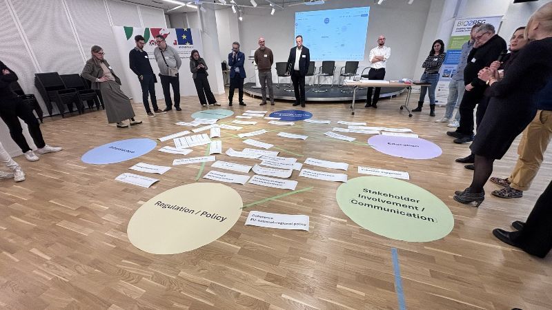 Teilnehmende des Netzwerk-Events BIO2REG Connect stehen in einem großen Kreis um eine Bodenvisualisierung mit zentralen Handlungsfeldern wie „Regulation/Policy“, „Education“ und „Stakeholder Involvement/Communication“. In der gemeinsamen Arbeitsphase wurden Zusammenhänge, Herausforderungen und Erfolgsfaktoren für regionale Bioökonomie diskutiert und miteinander verknüpft.