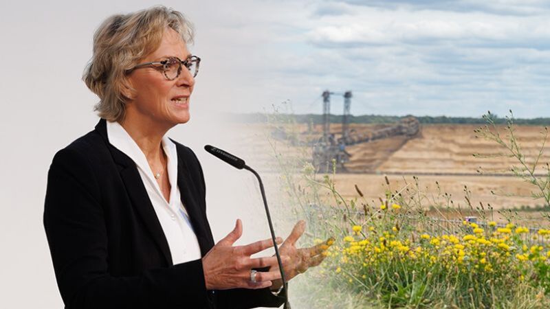 Collage aus zwei Bildern: Links spricht Elke Hohmann an einem Mikrofon und gestikuliert. Rechts ist eine Landschaft mit einem Tagebau und gelb blühenden Pflanzen im Vordergrund zu sehen.