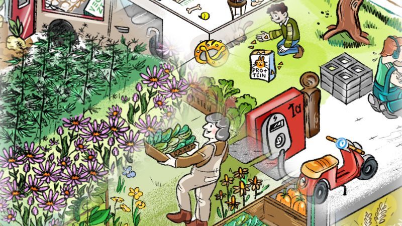 Ausschnitt aus dem BioökonomieREVIER-Wimmelbild. Zu sehen sind verschiedene Szenen rund um Pflanzen und Bioökonomie: Eine Frau trägt eine Kiste mit Spinat durch ein Feld mit violett blühenden Pflanzen. Daneben stehen eine rote Ladesäule mit Elektroroller sowie gestapelte graue Platten. Im Hintergrund arbeitet eine Person auf einer Grünfläche mit einem Sack Protein.